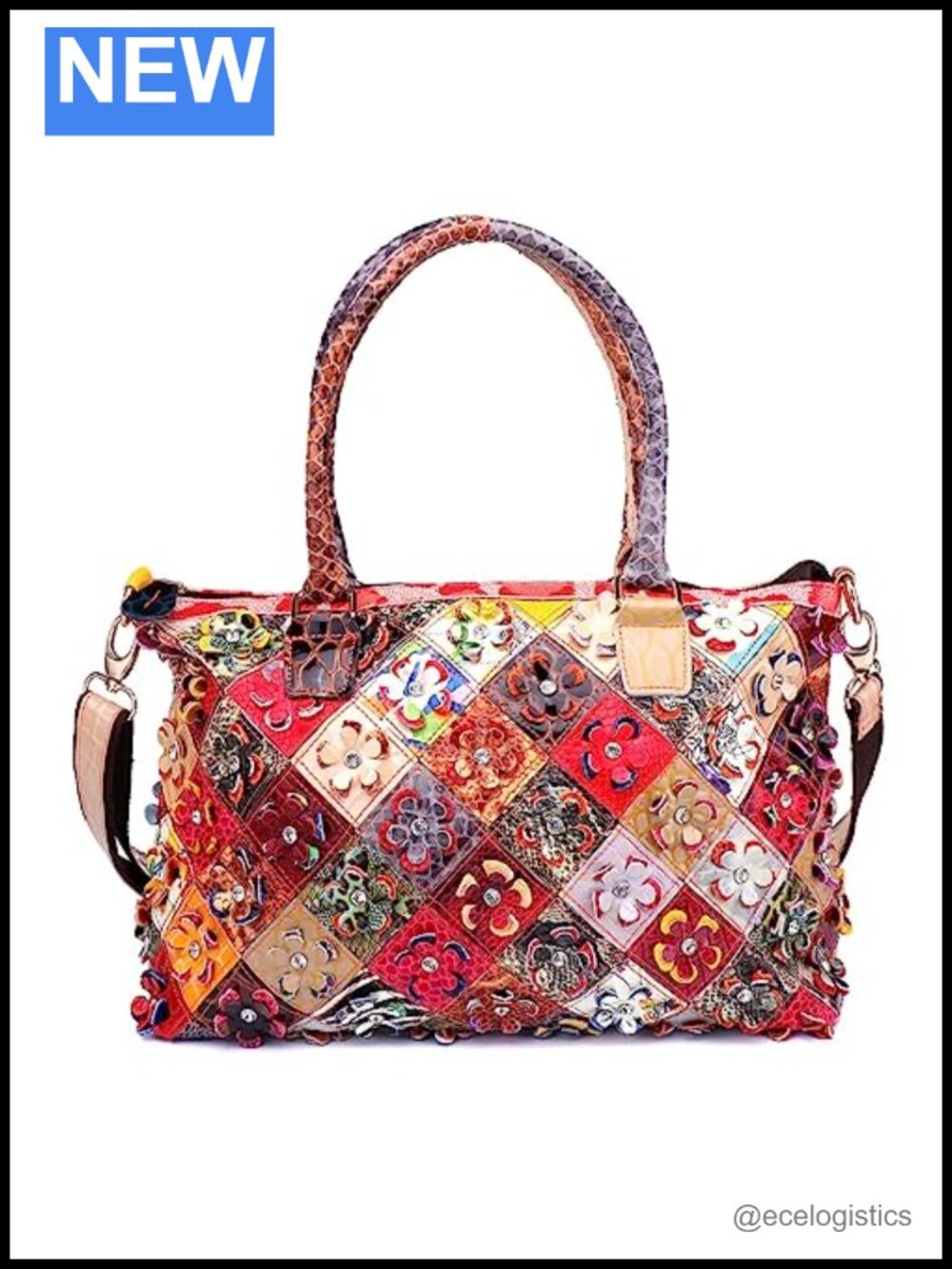 Genuine Cow Leather Multicolor 3D Flowers Stitching Snake Texture Satchel